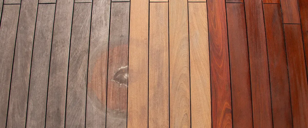 Weathered gray deck boards beside washed and freshly stained boards
